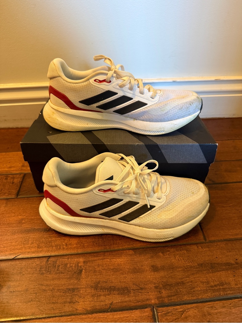 adidas Kids White Sneakers with Black Stripes and Red Accents